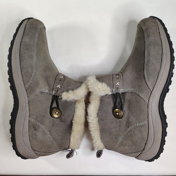 EASY SPIRIT Serras Grey Suede Ankle Boots 5 Women's Faux Fur Lined Button Strap - Picture 3 of 6